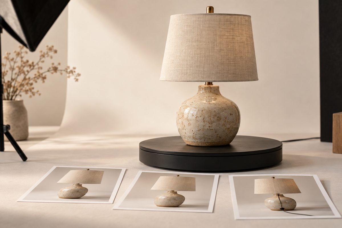 En keramisk lampe står på en dreieskive, med tre små produktbilder som viser lampen fra ulike kameravinkler.