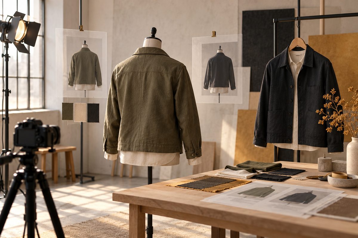 En person sett bakfra står i et atelier foran skiftende antrekk, mens hender sammenligner stoffprøver ved et kamera.
