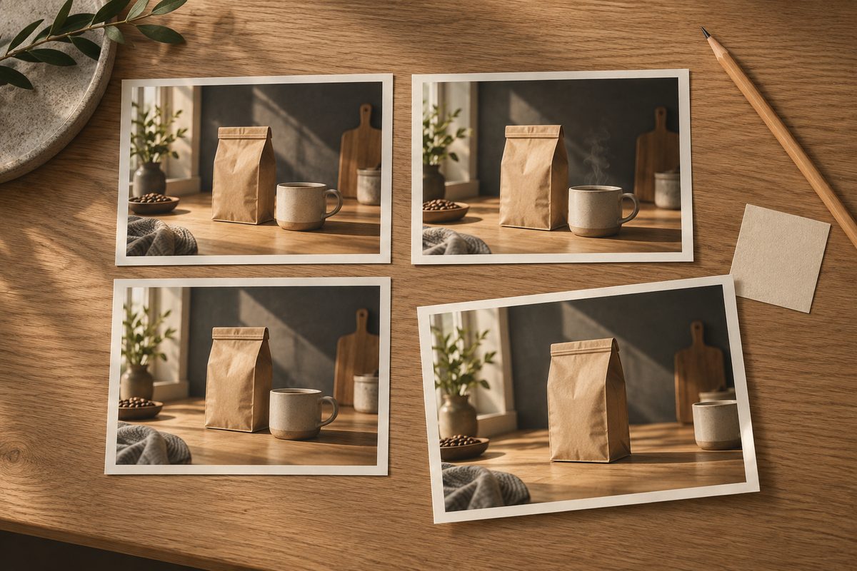 Fire storyboardruter med kaffepose og keramikkopp på et trebord, der én rute ligger på skrå med koppen flyttet til siden.