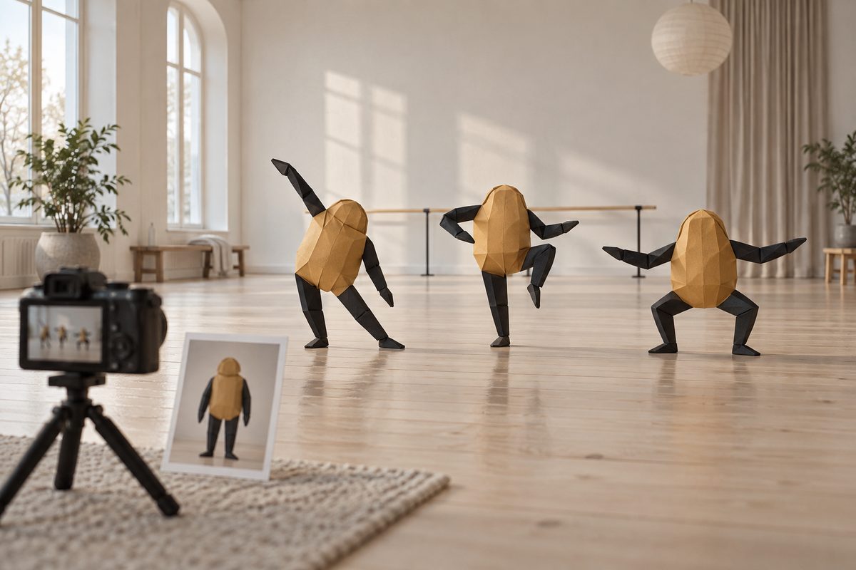 En ansiktsløs papirmaskot vises i tre dansepositurer på et lyst tregulv, med kamera og et stillfoto i forgrunnen.
