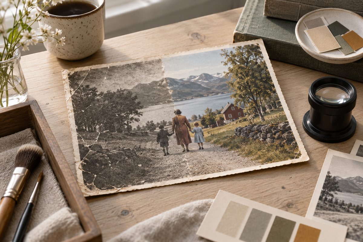 Gammelt svart-hvitt familiefoto og fargevariant ligger side om side på et trebord med lupe og skanner.