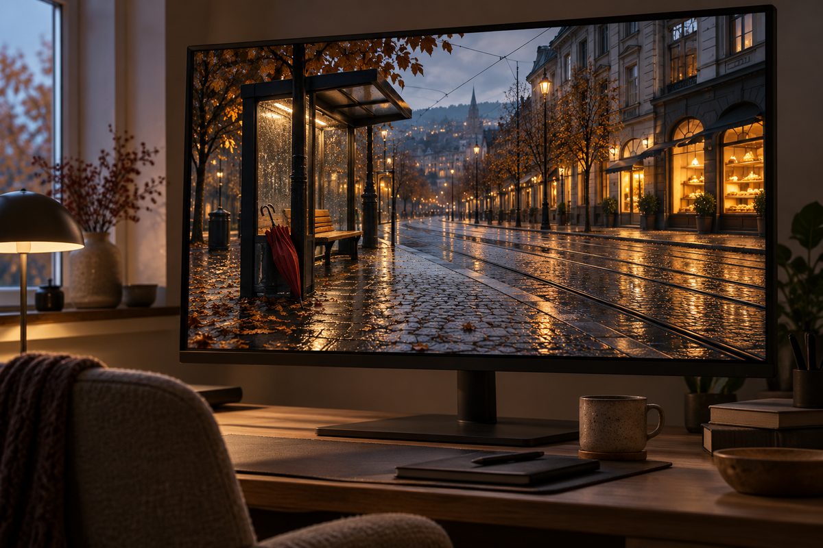 En stor skjerm viser et stemningsfullt norsk kystlandskap ved siden av fargeprøver og en filmstripe.