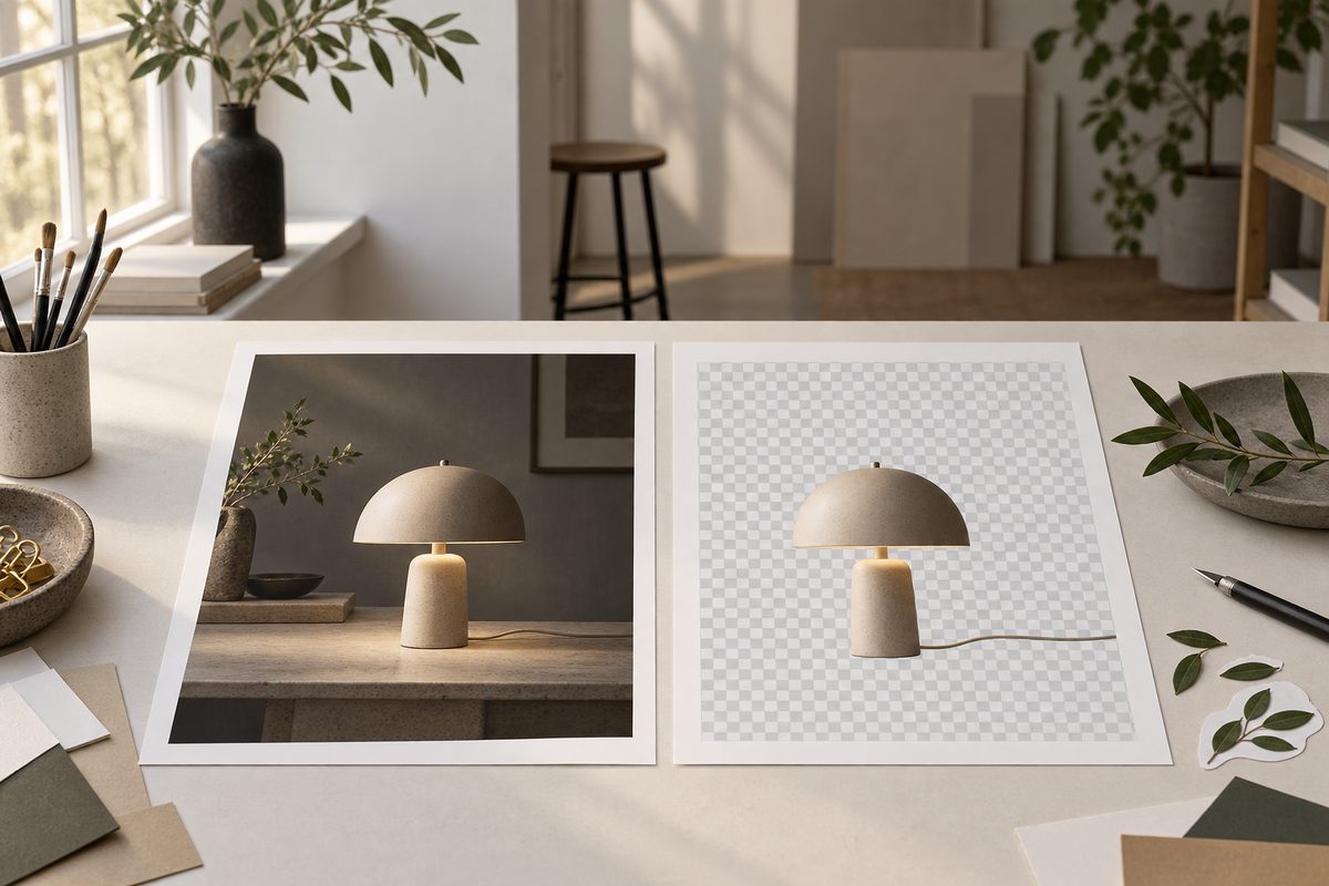 To papirbilder viser samme keramiske bordlampe mot en studiobakgrunn og frilagt på rutemønster, med løse bladutklipp ved siden av.