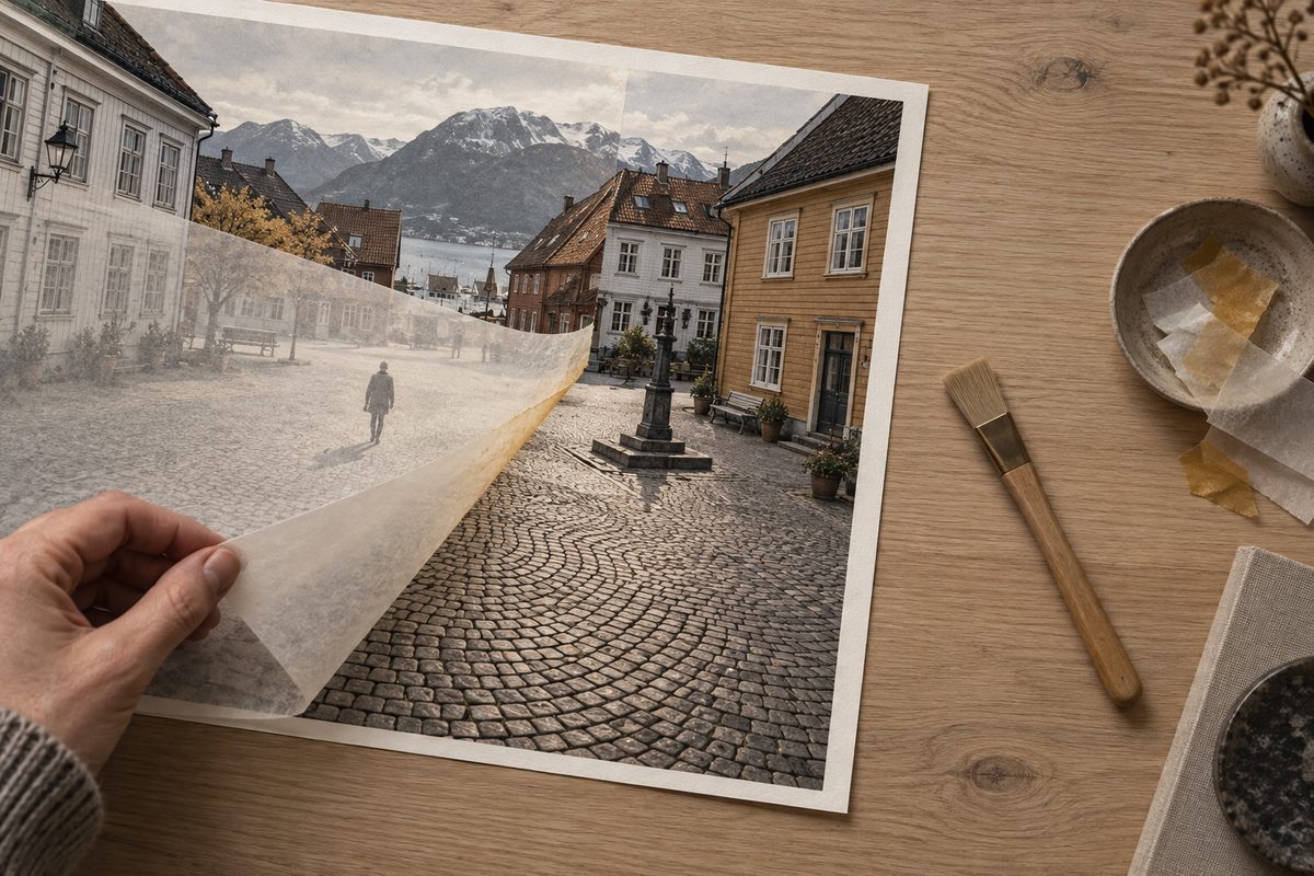 En hånd løfter transparent papir med en liten personsilhuett fra et foto av et brosteinstorg mellom norske trehus.