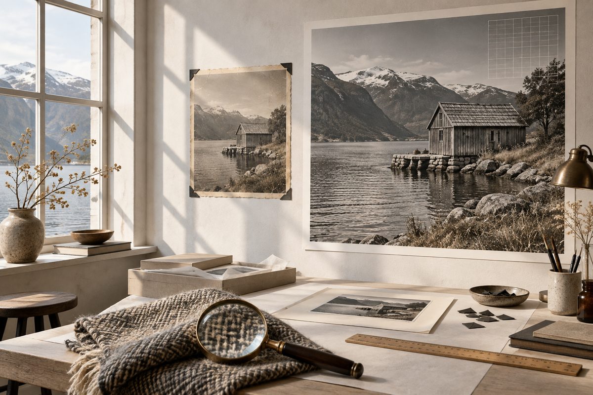 Et slitt fotografi ligger ved siden av en skarpere versjon, mens et forstørrelsesglass viser frem små detaljer i papiret.
