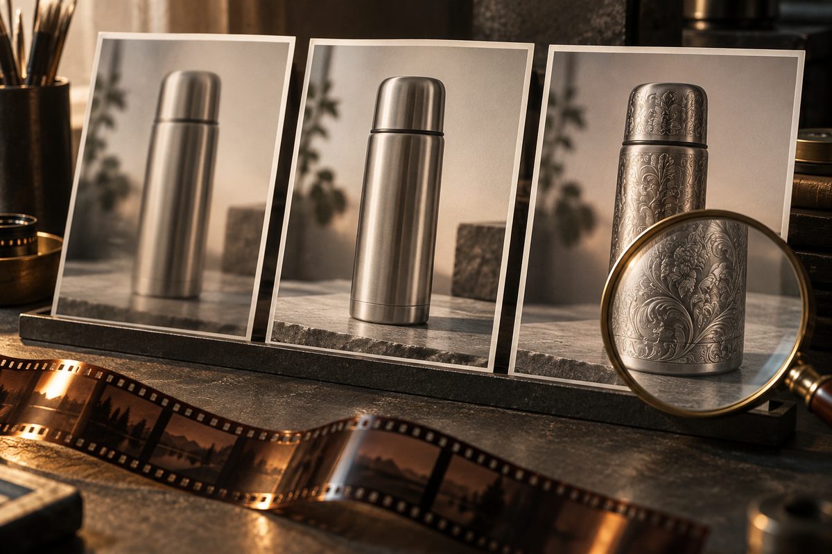 Tre bilder viser en metalltermos med ulik skarphet og overflate, med en lupe over det mønstrede bildet og en filmremse foran.