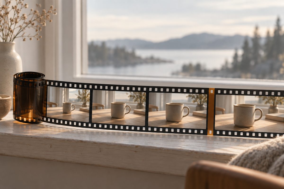 En utrullet filmstripe i vinduskarmen viser stadig nærmere utsnitt av samme kopp på et trebord i mykt vinduslys.