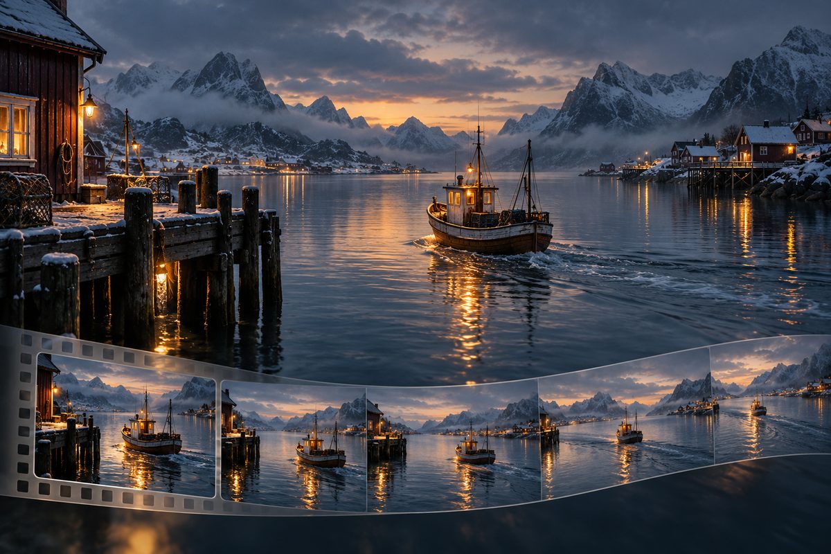 En liten trebåt beveger seg gjennom en stille vinterhavn, mens en filmstripe viser scenen fortsette langs brygga.