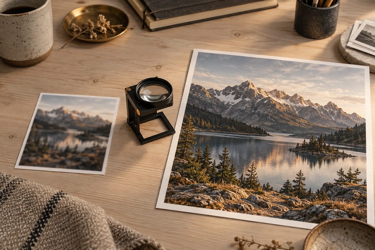Tre papirbilder av et nordnorsk kystlandskap viser uskarp original, forstørret detalj og skarpere variant ved siden av en lupe.