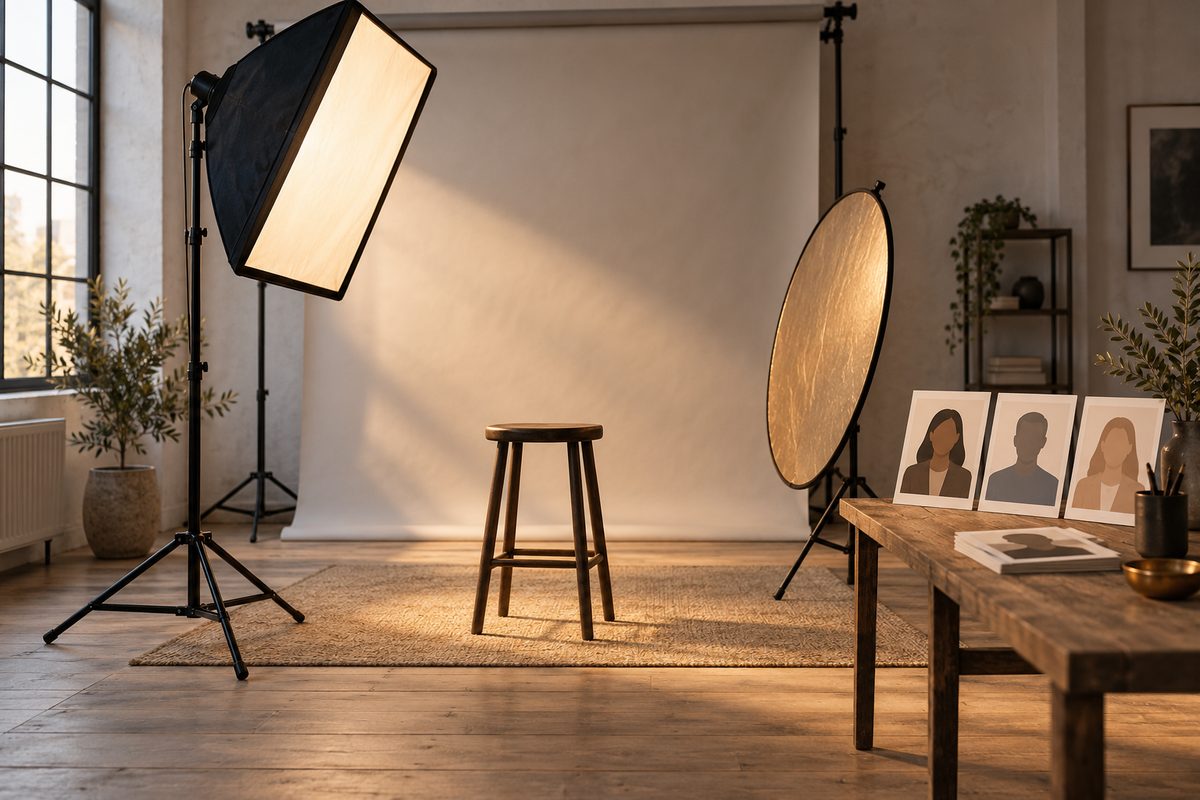 Nøytral portrettsilhuett står på et studiobord omgitt av myke lamper, reflektor, hudteksturprøve og retusjeringsutstyr.