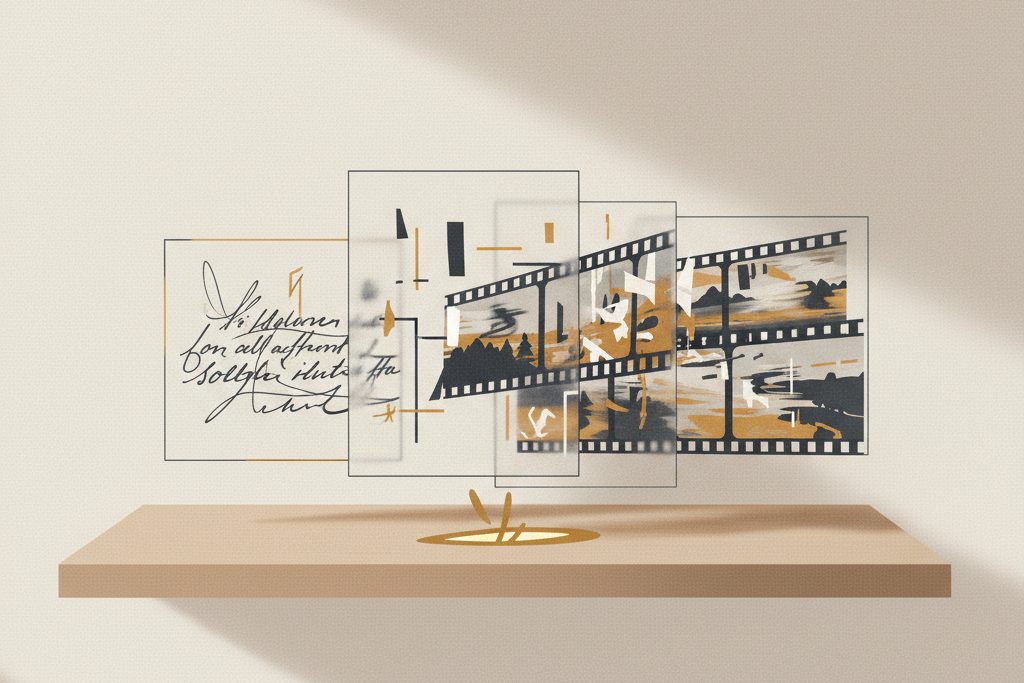 Lag av paneler der tekst gradvis blir til levende filmruter