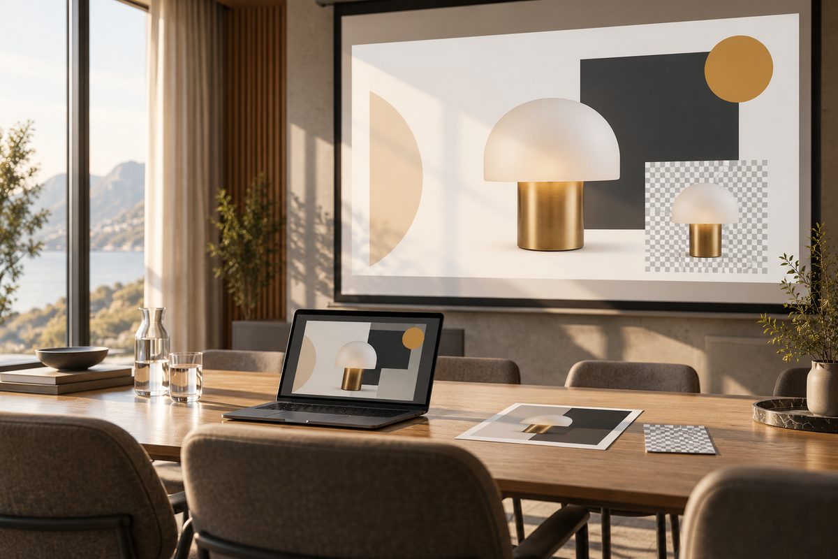 En utskåret lampe vises på en presentasjonsskjerm og laptop i et lyst møterom, med rutemønster for transparent bakgrunn på bordet.