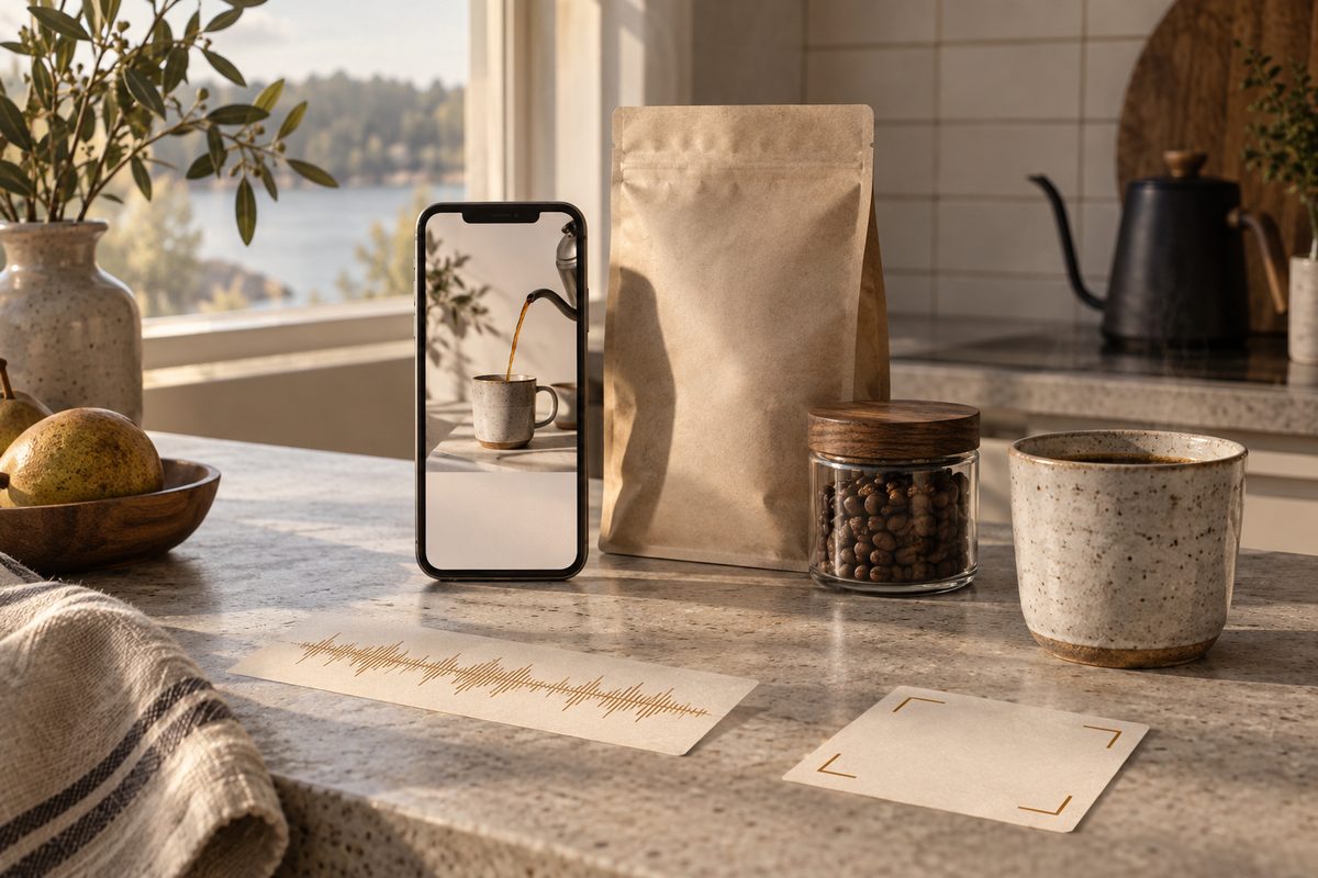 En mobil filmer en kaffekopp på kjøkkenbenken, ved siden av kaffepose, glass med bønner og en bølgende lydlinje.