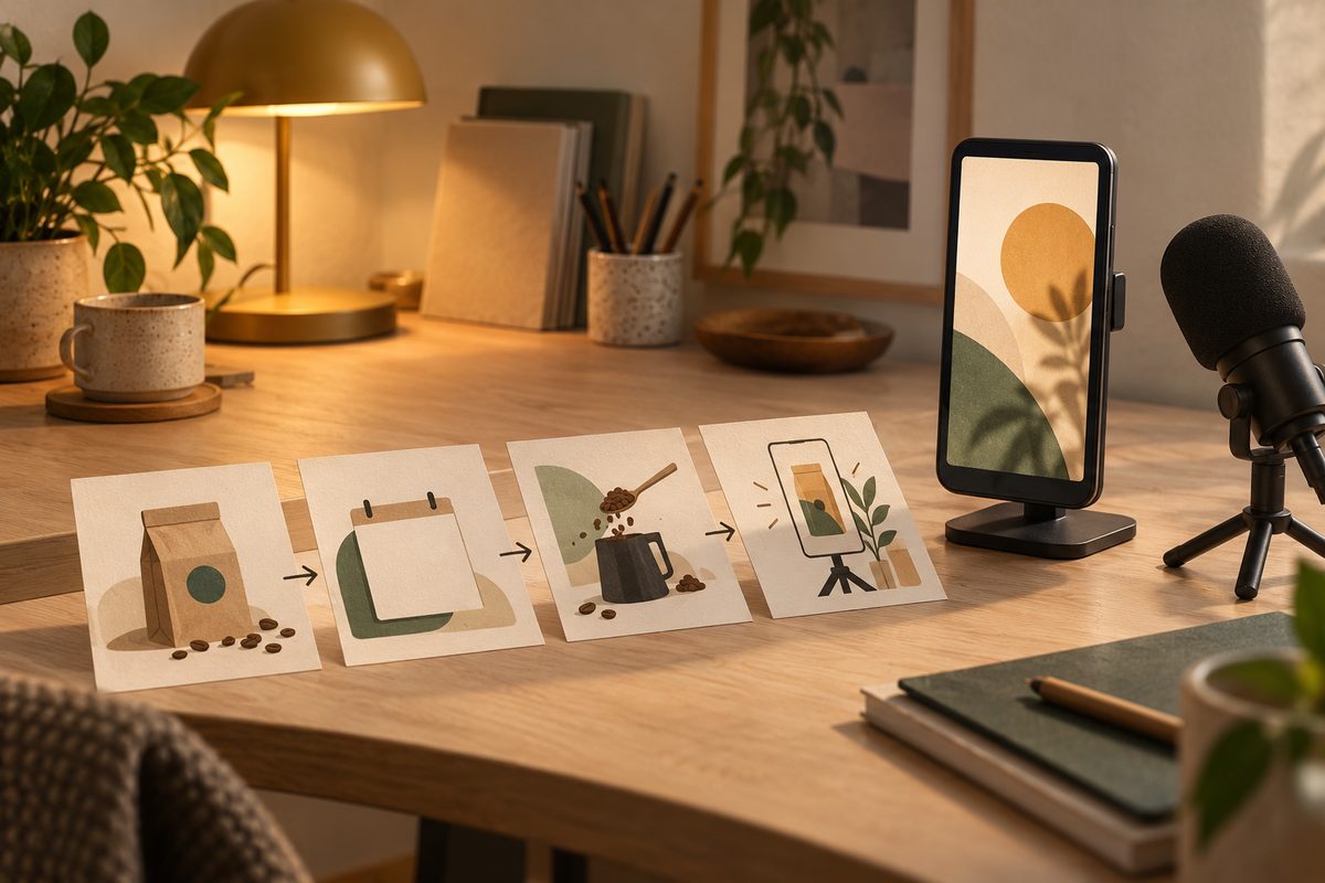 Storyboardkort med kaffepose, kalenderark og piler står foran en mobil og mikrofon på et varmt opplyst skrivebord.