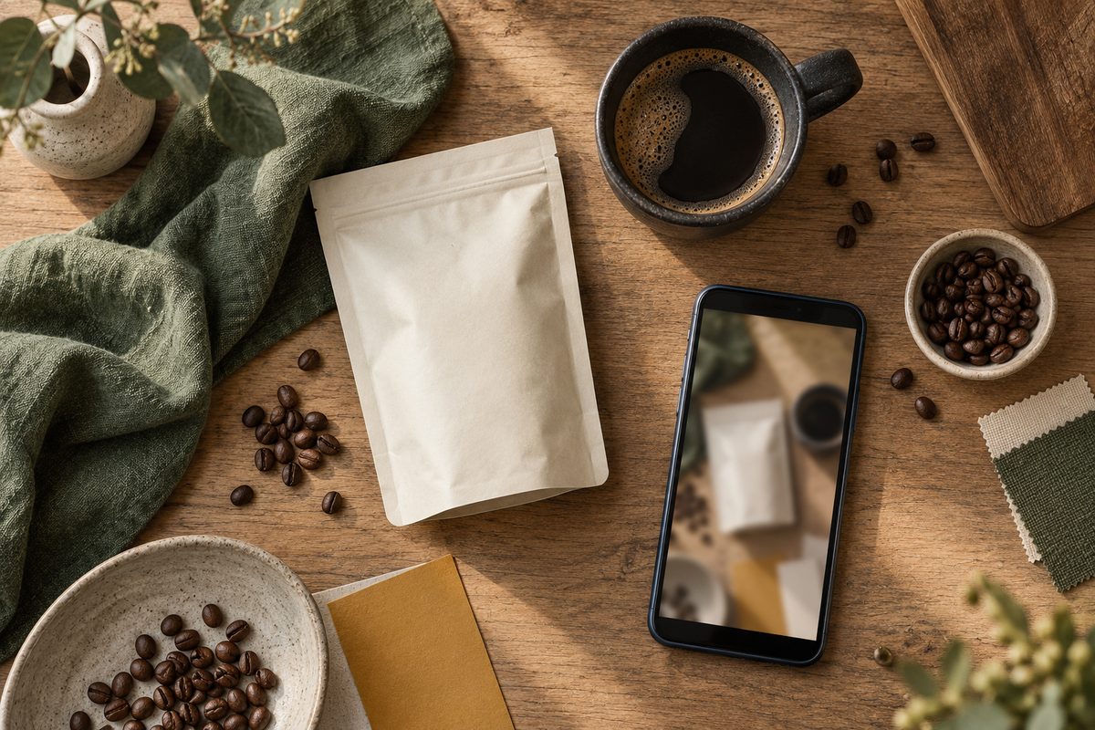 En lys kaffepose og kopp ligger mellom kaffebønner, grønt stoff og en mobil med produktutsnitt på et trebord.