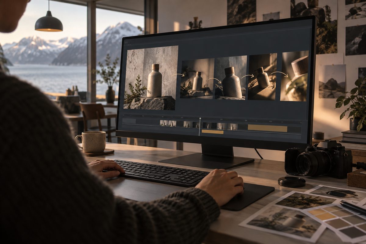 På en stor skjerm blir et produktfoto til en serie filmruter, mens hender ved tastaturet og et kamera fyller det nordiske studioet.