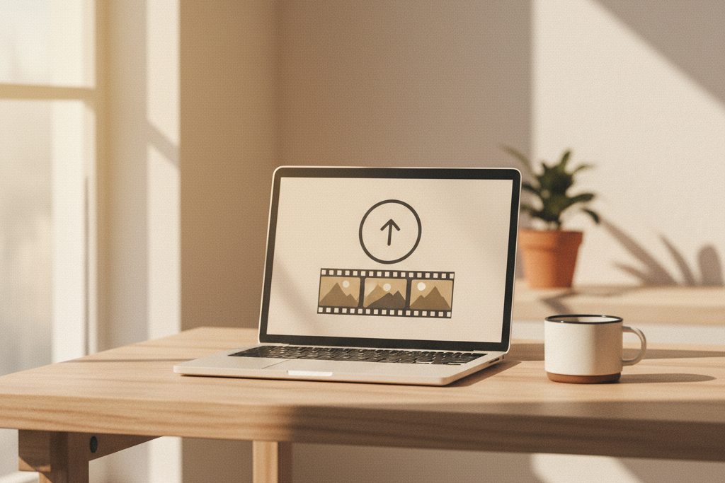 Bærbar PC med opplastingspil og et bilde som blir til filmstripe