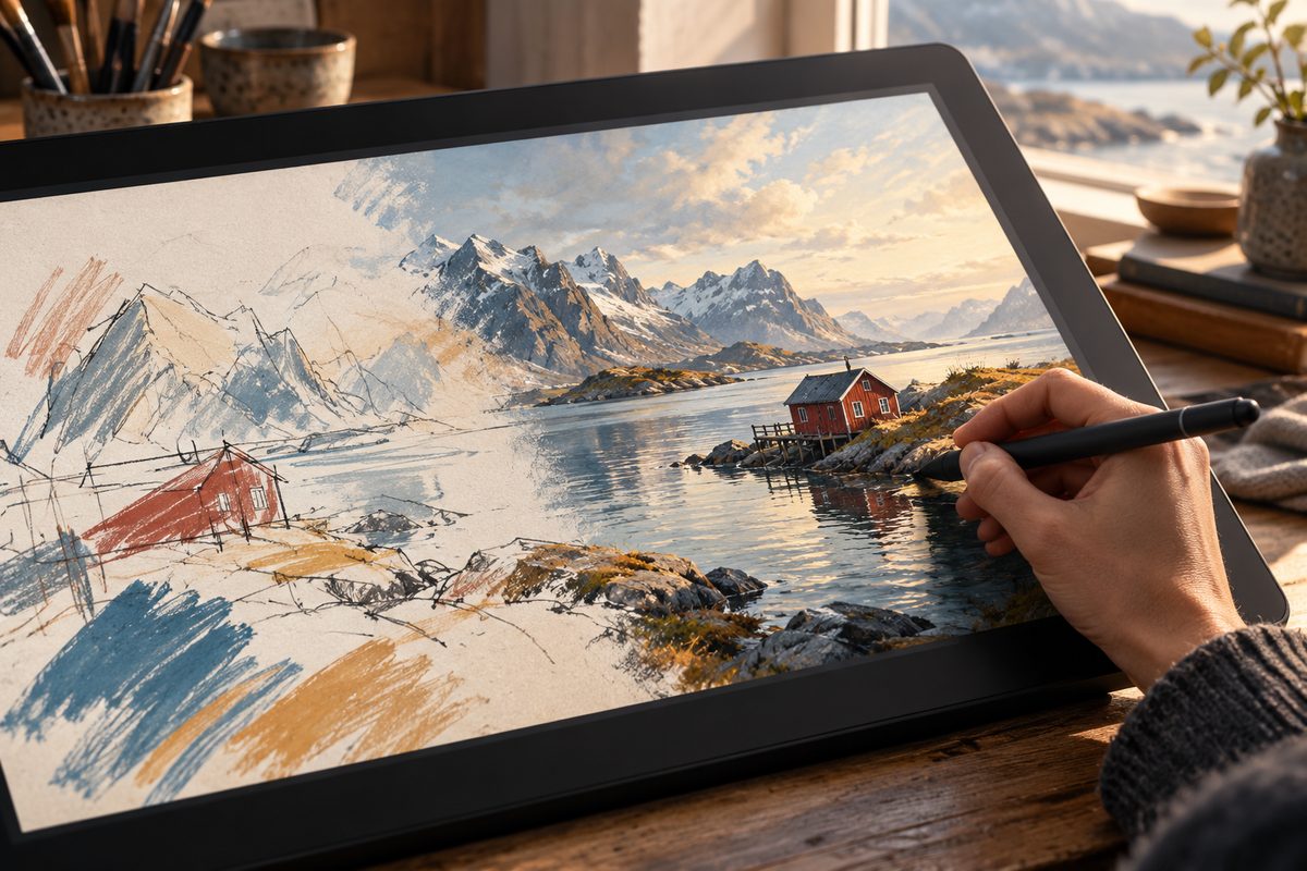 En hånd tegner med penn på et nettbrett der løse fjordskisser gradvis går over i et detaljert landskap med fjell og rød hytte.