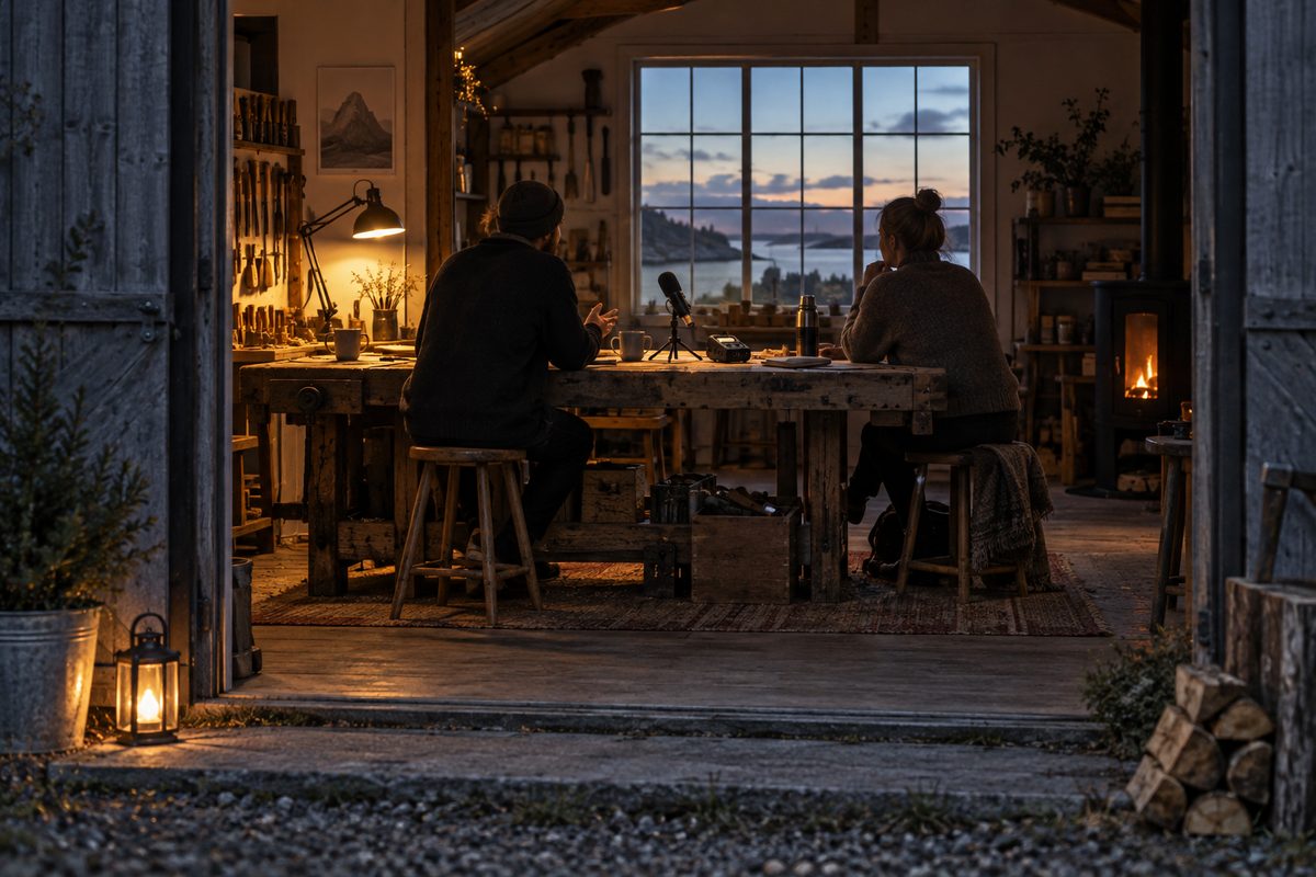 To personer sitter bakfra i en regnvåt jernbanestue, bundet sammen av myke lydbølger, mens den ene holder en messingnøkkel.