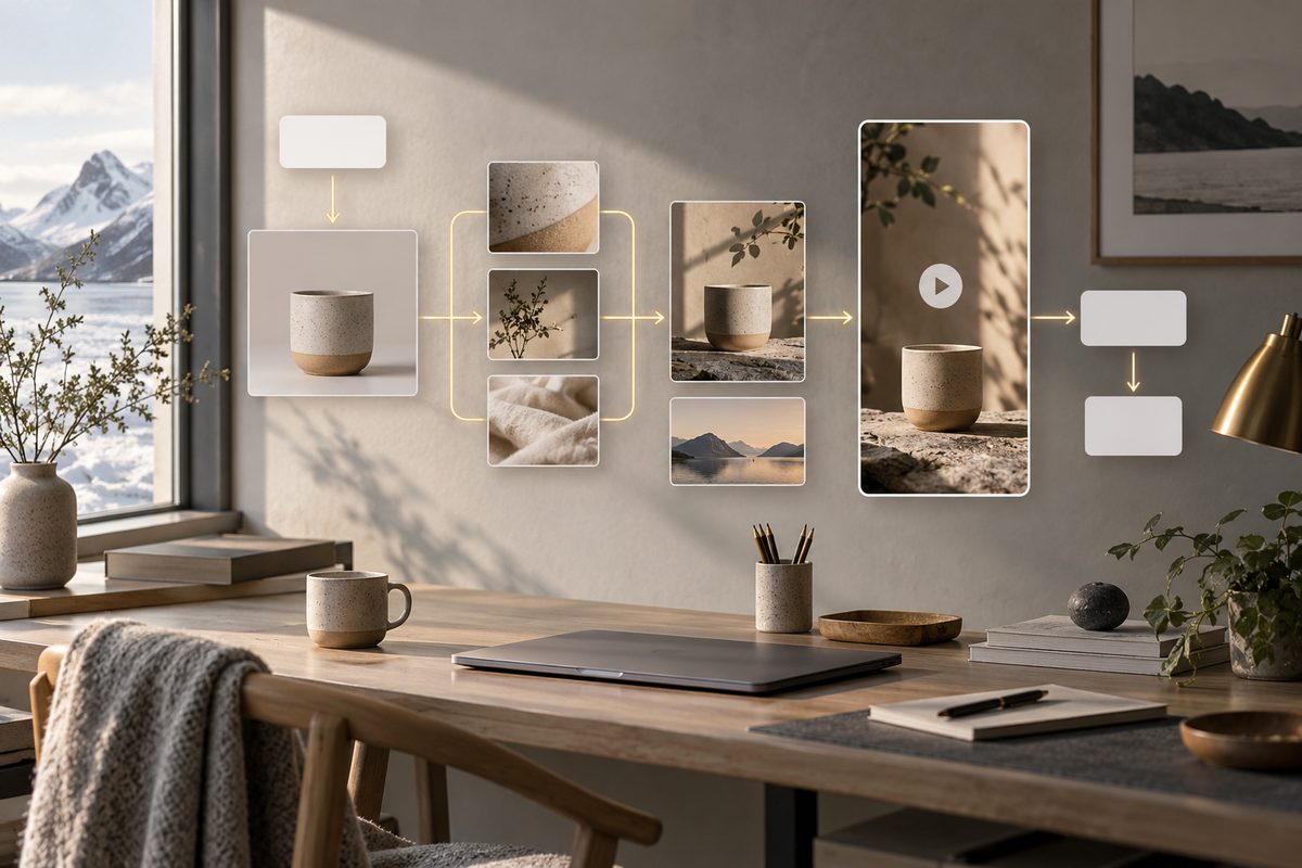 Et nordisk arbeidsbord viser en keramikkopp gjennom visuelle trinn fram mot en stående videoramme.