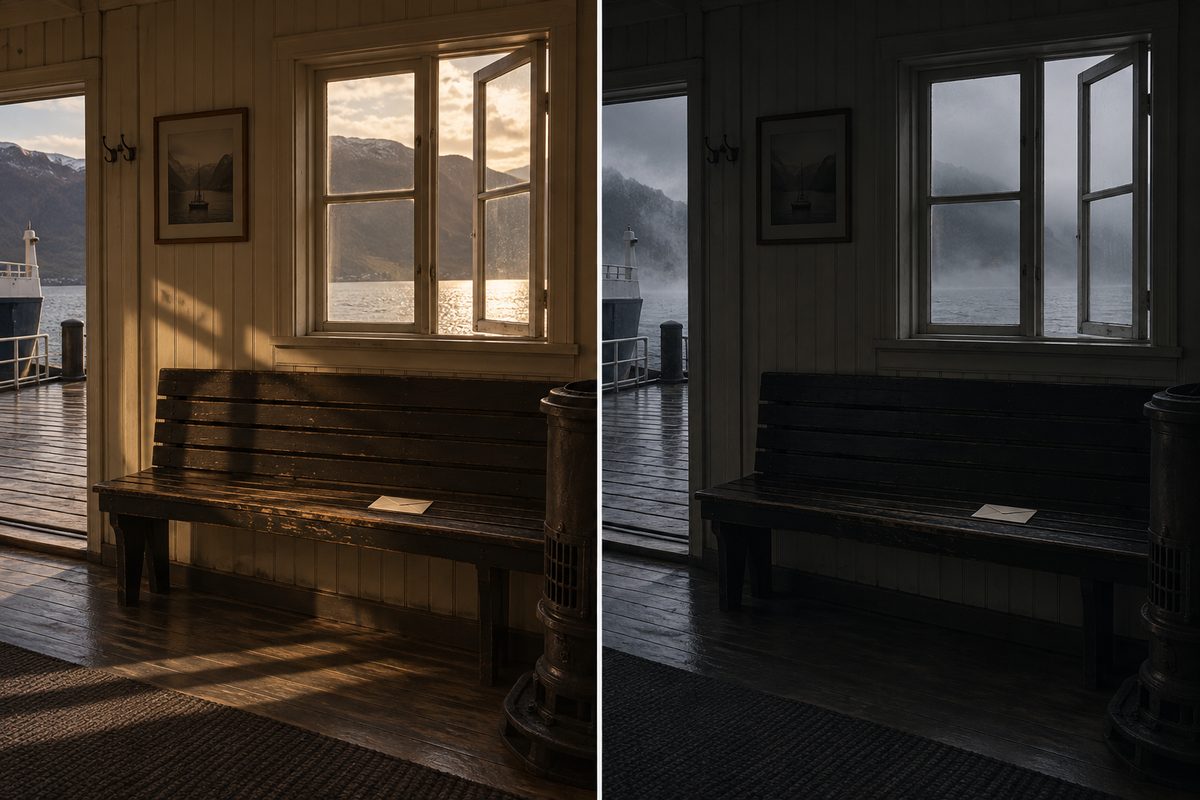 Et tomt venterom ved fjorden vises i varmt lys og dystert mørke, med en lys konvolutt på samme trebenk i begge utsnittene.