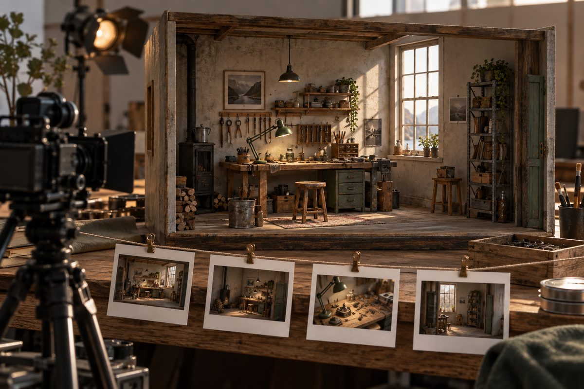 Et filmkamera peker mot et verksted i miniatyr med grønn arbeidslampe, mens fire scenekort henger langs forkanten.