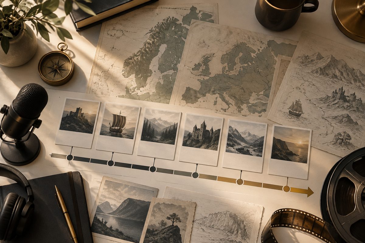 En skrå rekke med nordiske landskapsbilder, kamera, blank notatbok og en gyllen lydbølge ligger på bordet.