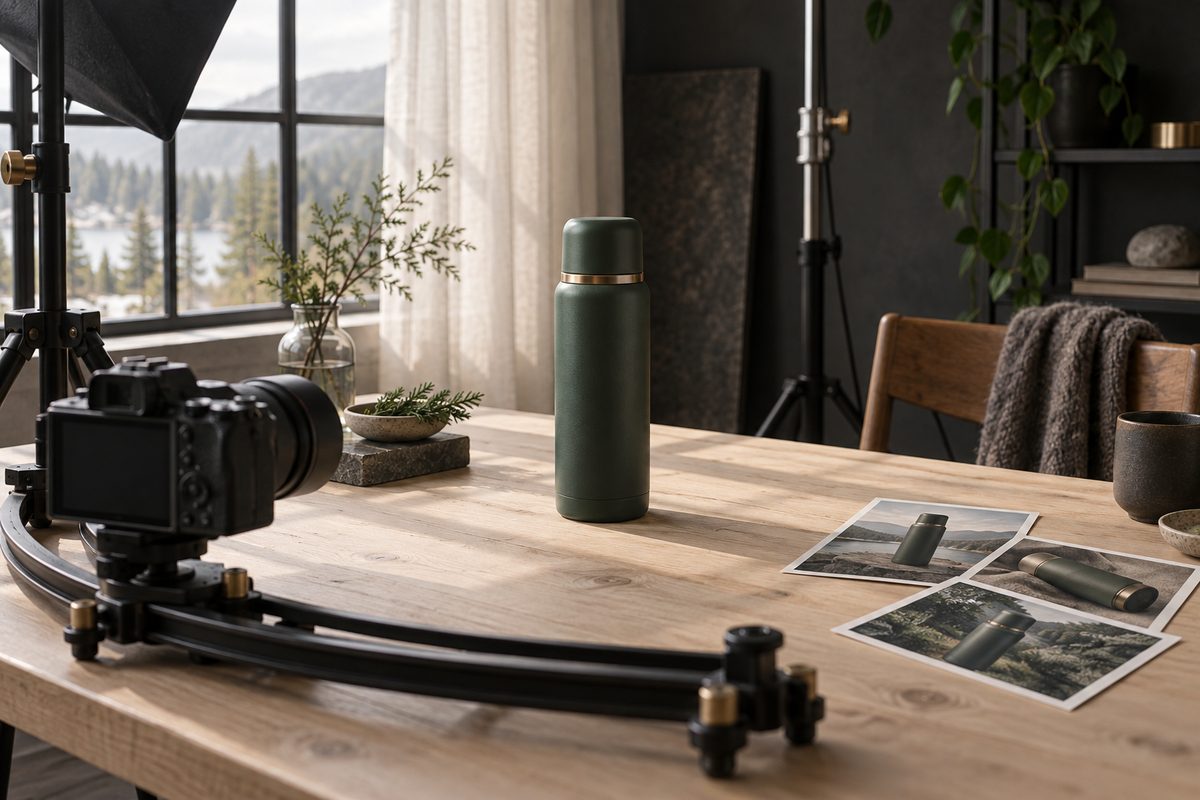 En grønn termos står på et lyst trebord foran et kamera på buet skinne, med tre produktfotografier ved siden av.