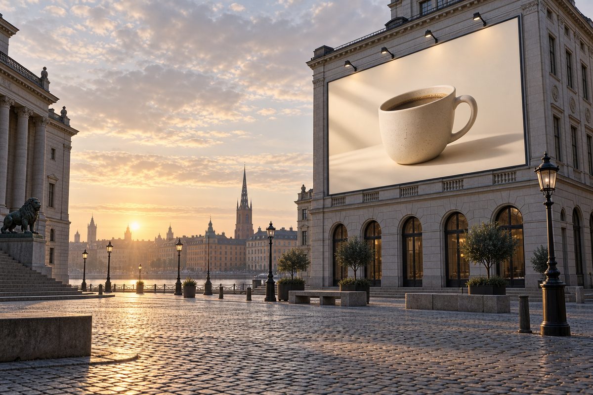 En stor reklameskjerm med en keramisk kaffekopp henger over et tomt brosteinstorg i varmt morgenlys.