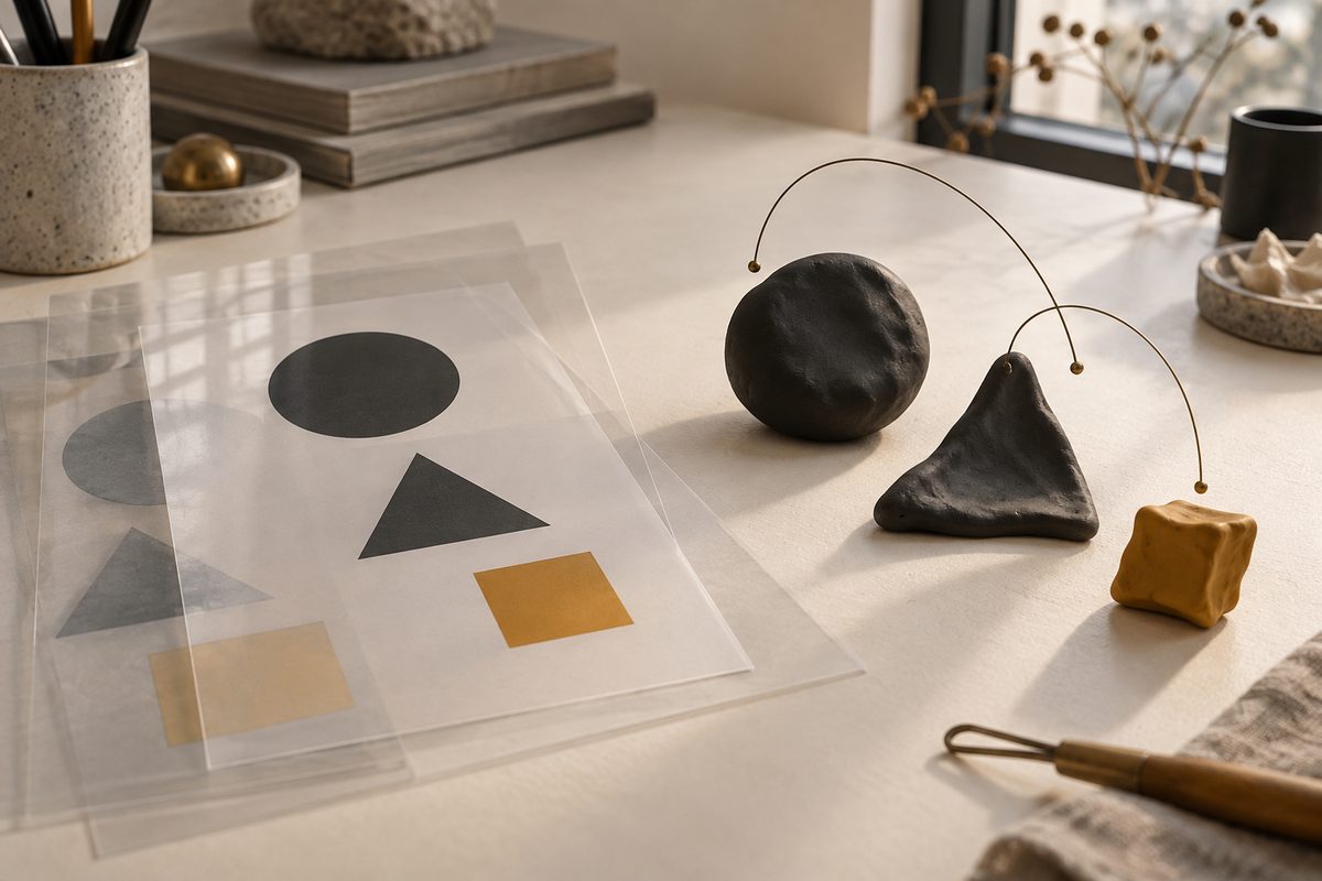 Presise geometriske figurer på gjennomsiktige ark ligger ved siden av ujevne leirformer og tynne metallbuer på et lyst bord.