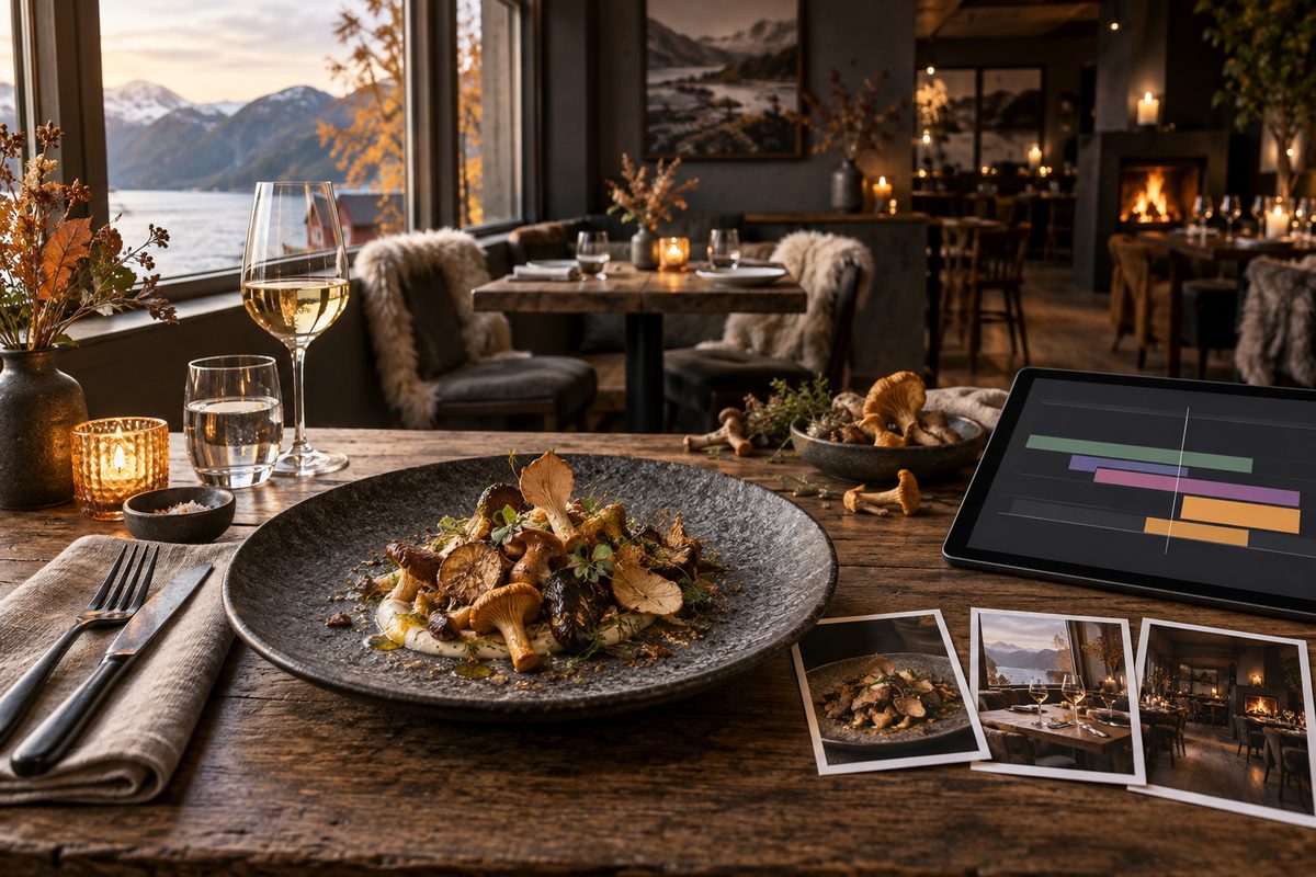 En sopprett, tre fotografier og et nettbrett med fargeblokker står på et restaurantbord med fjordutsikt.