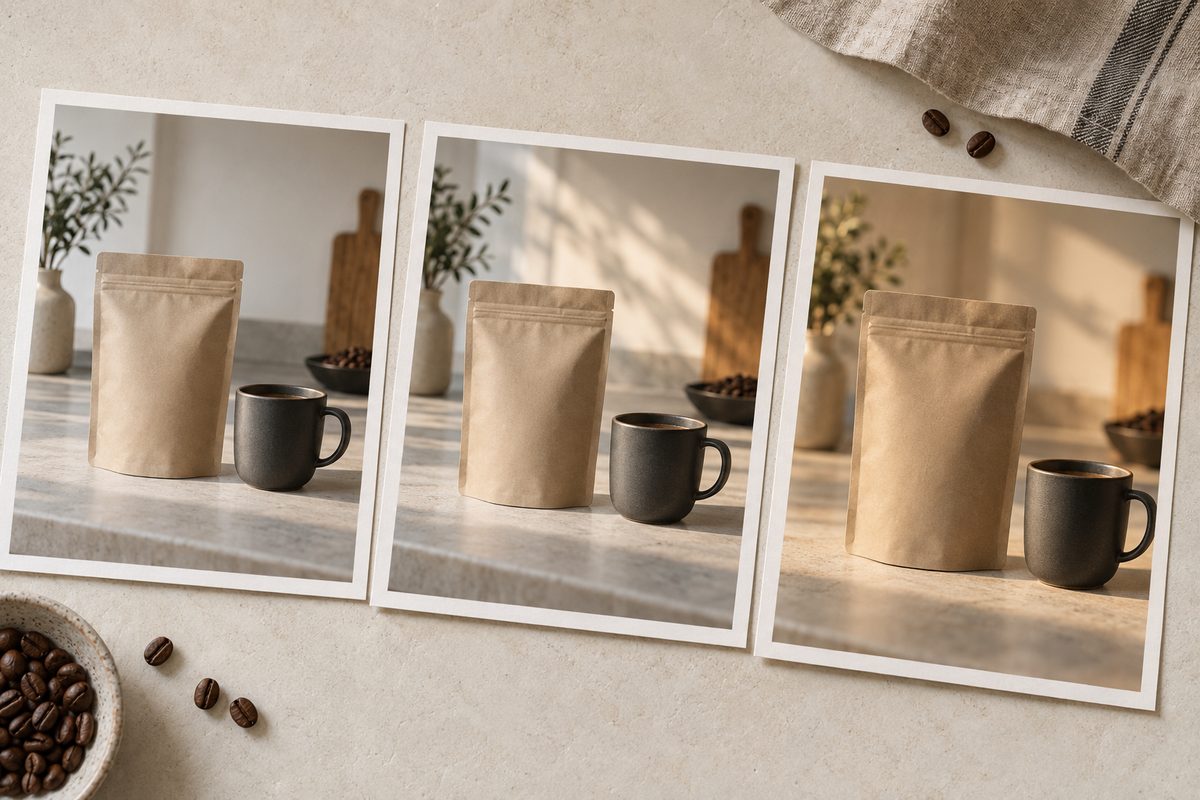 Tre fotografier på et lyst bord viser en umerket kaffepose og en mørk keramikkopp i gradvis varmere kjøkkenlys.