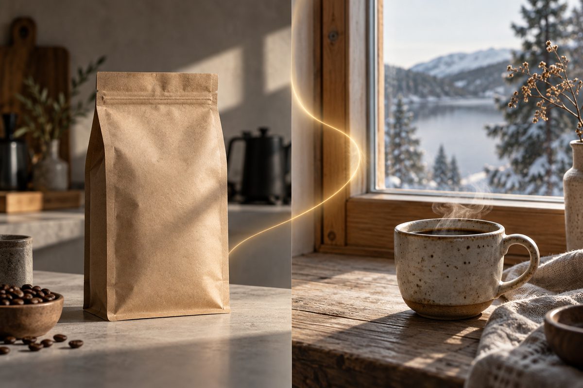 En kaffepose på en lys benk og en dampende kopp ved et vindu vises side om side, forbundet av en gyllen lysstripe.