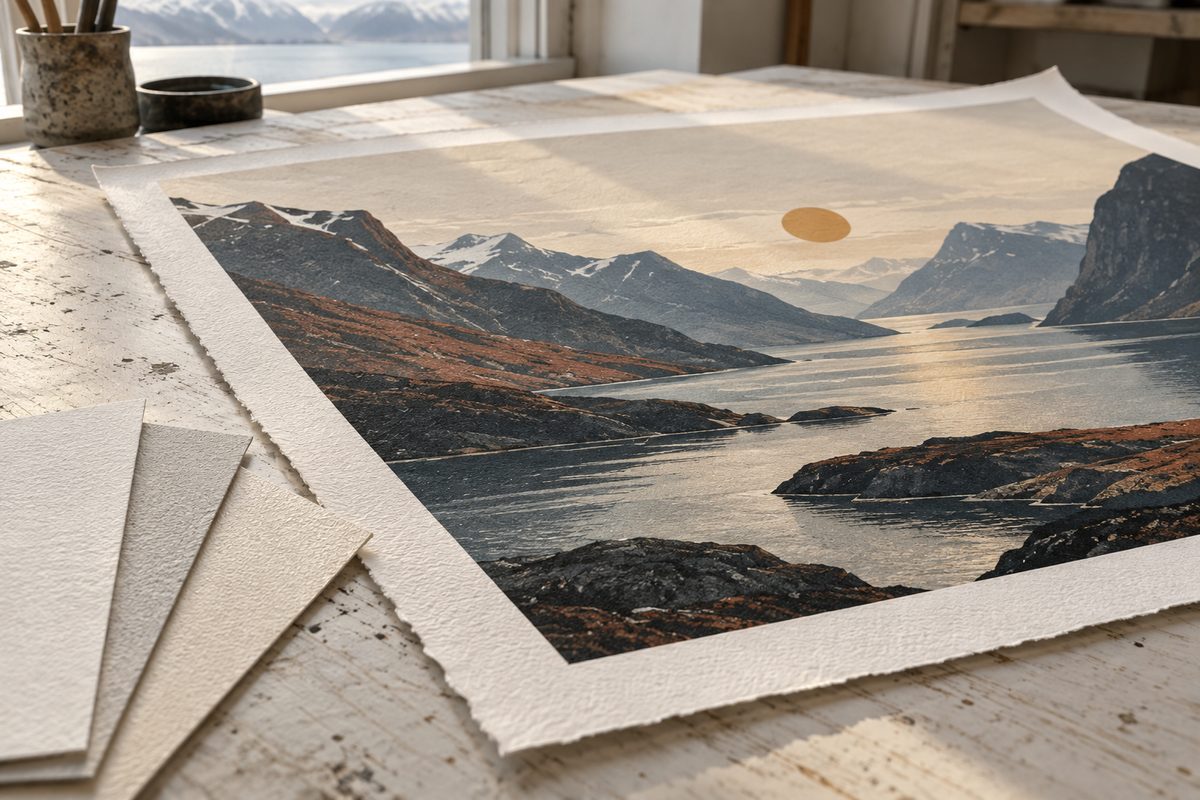Et kunsttrykk med fjord, fjell og gyllen sol ligger på et arbeidsbord ved tre papirprøver med tydelig overflatestruktur.