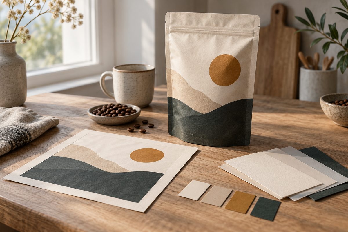 Matt svart kaffepose med blank etikett står på en lys nordisk kjøkkenbenk ved siden av designkort og fargeprøver.