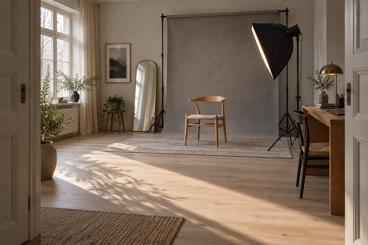 En tom trestol står foran en grå fotobakgrunn og en softboks i et lyst hjemmekontor med speil og tregulv.