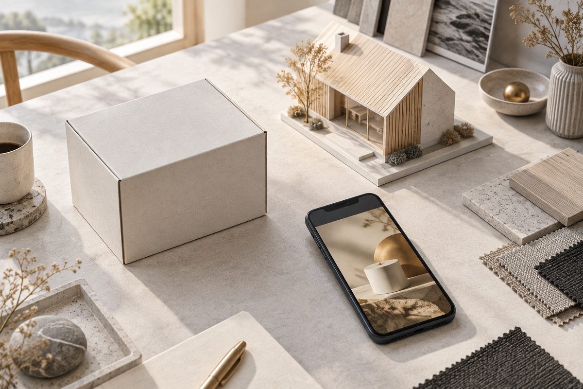 En umerket produkteske, en modell av et nordisk trehus og en mobil med abstrakt produktannonse ligger på et lyst arbeidsbord.