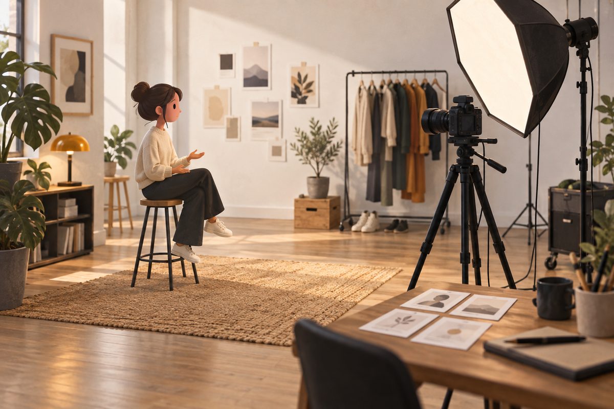 En stilisert avatar sitter i et lyst filmstudio omgitt av kamera, softboks, klesstativ og tavlekort.