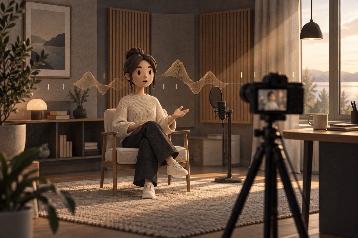 En stilisert avatar snakker mot et kamera i et lunt studio, mens en gyllen bølgeform viser tale og jevn timing.