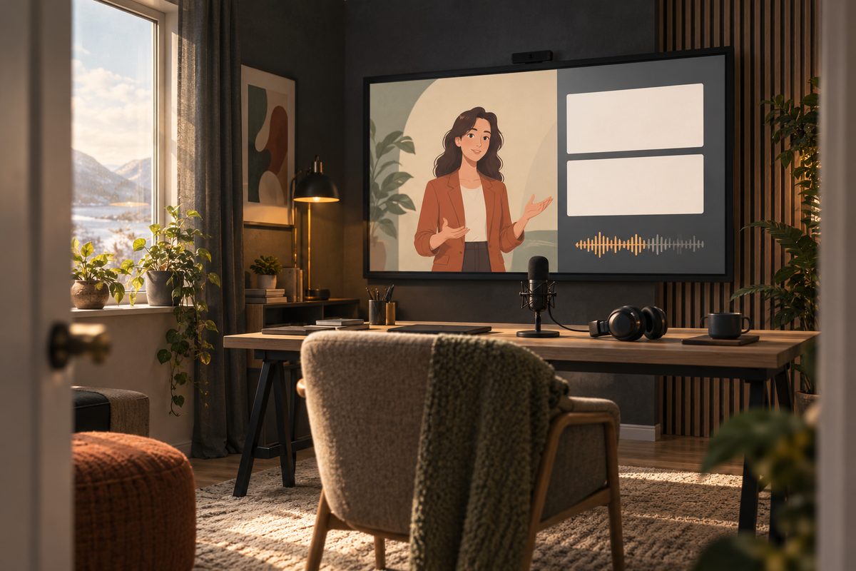 Et lite presentasjonsstudio med en illustrert foredragsholder på skjerm, blanke lysbilder, mikrofon og hodetelefoner.