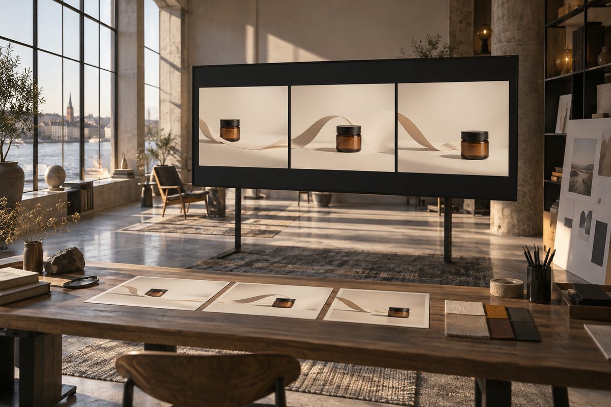 Et lyst studio viser en ravfarget krukke i tre bevegelsesfaser på en stor skjerm, med storyboardkort og fargeprøver på bordet.