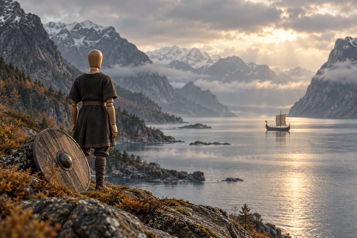 En anonym trefigur i mørk ulltunika står ved et rundt skjold og ser ut over en lysende fjord med et langskip i det fjerne.
