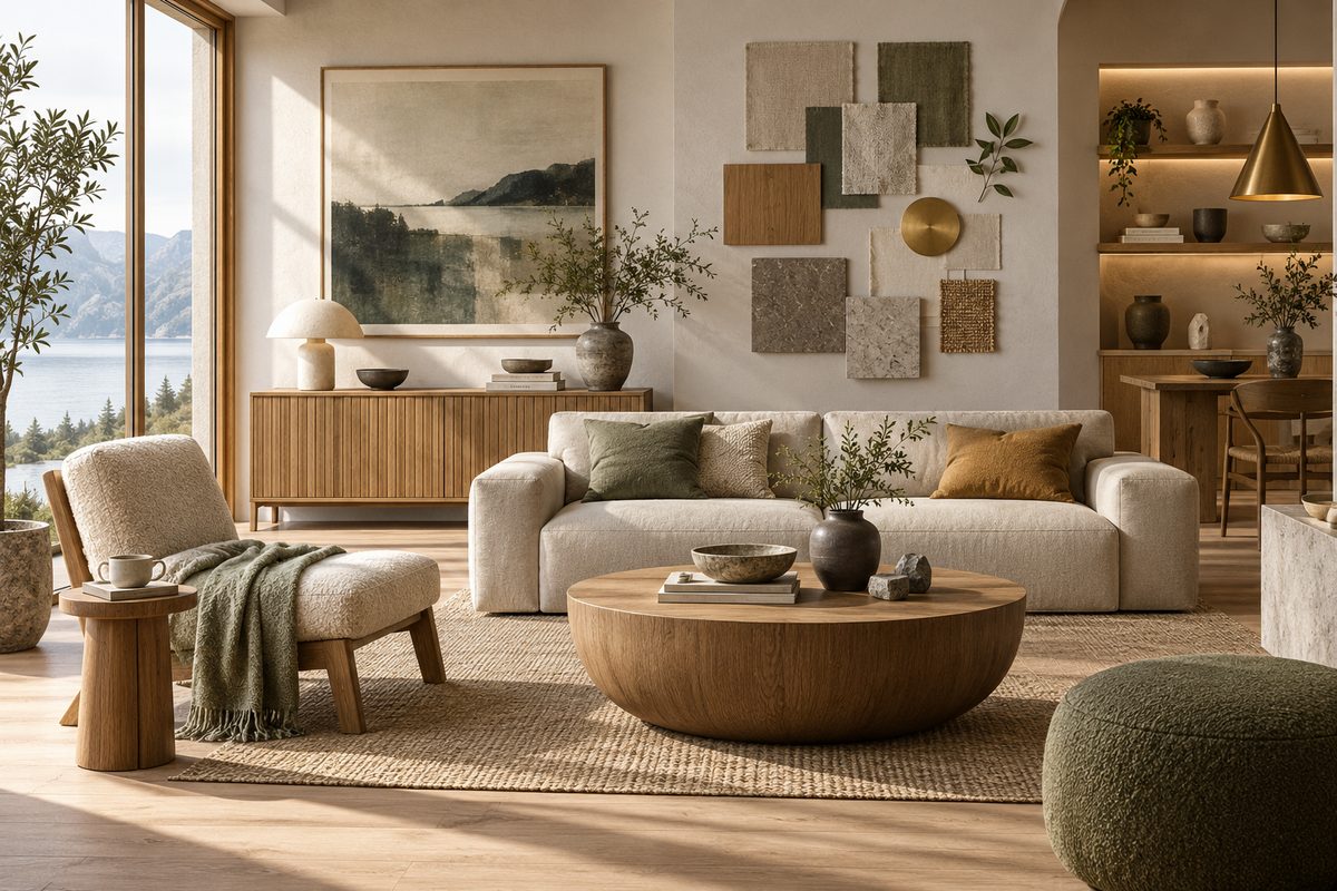 Lyst nordisk oppholdsrom med møbler i varm eik, salviegrønne tekstiler, keramikk og materialprøver satt sammen som et interiørmoodboard.