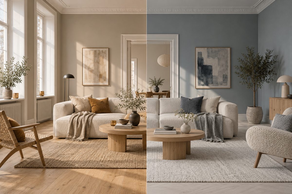 Et lyst nordisk oppholdsrom sammenligner varme beige vegger og eikegulv med blågrå vegger og lyse tekstiler.