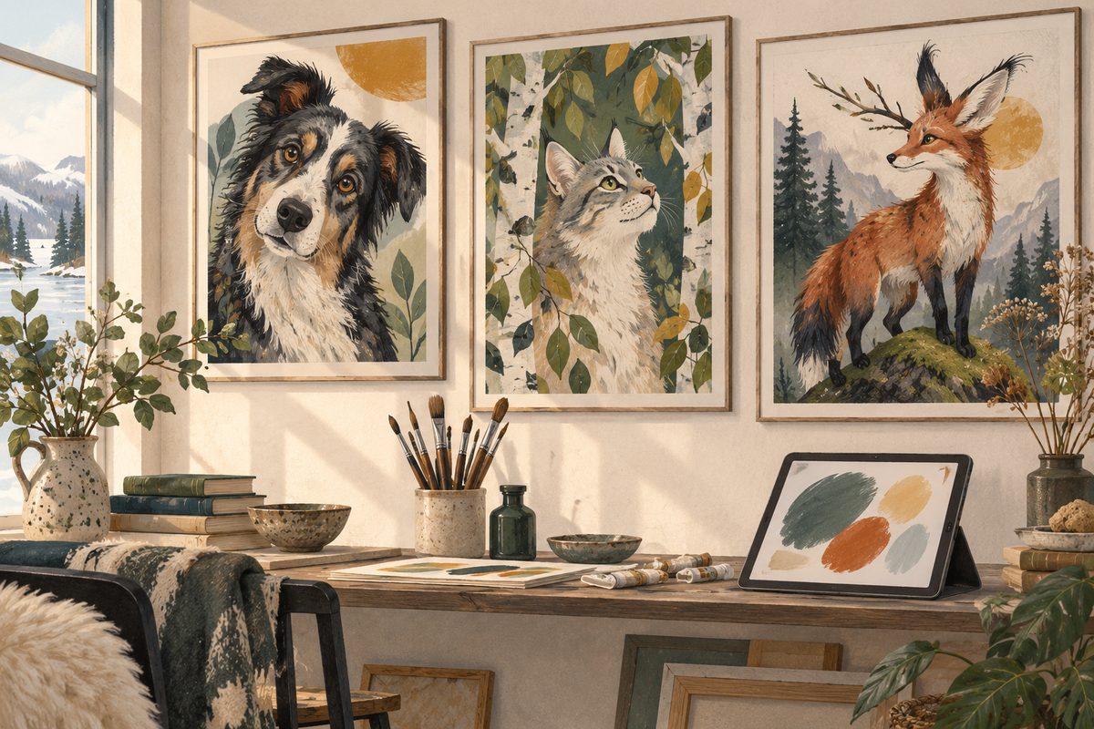 Tre innrammede dyrebilder viser hund, katt og rødrev over et arbeidsbord med pensler og fargeprøver i et lyst atelier.
