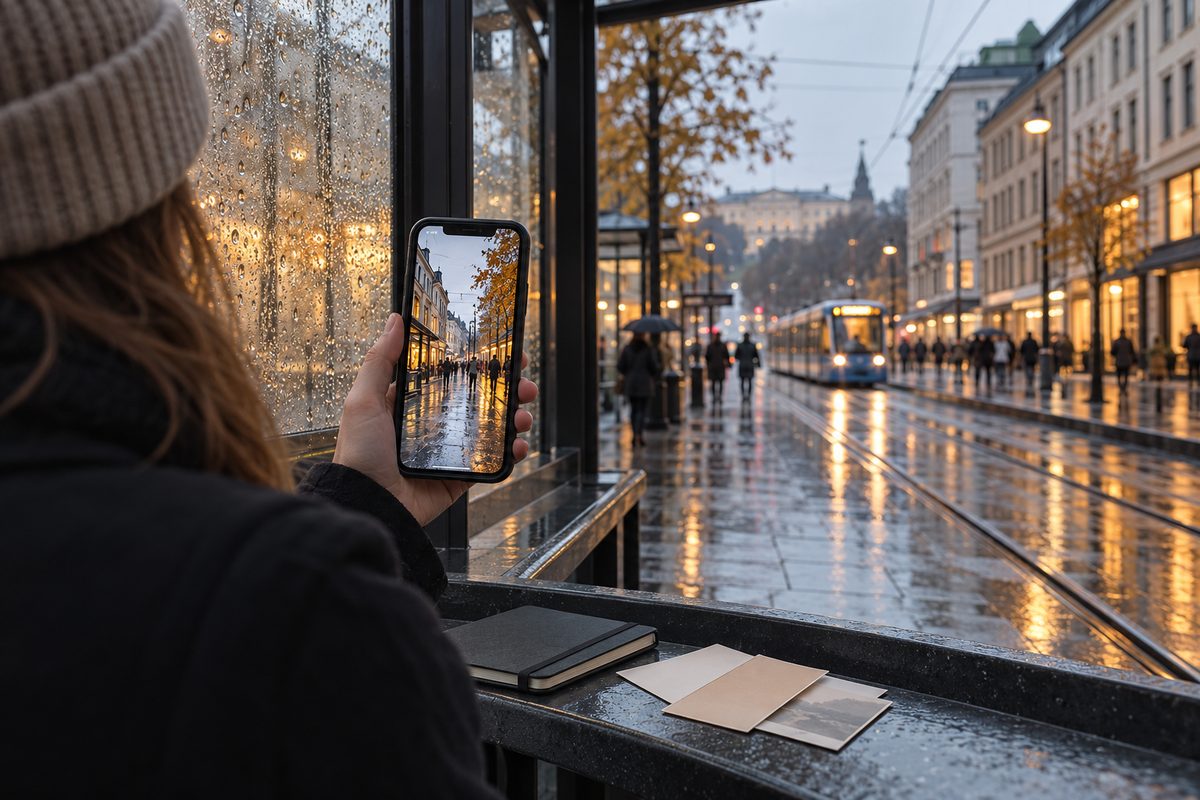 En person bakfra holder mobilen ved en regnvåt trikkeholdeplass, mens varme vinduslys speiler seg i bygaten.