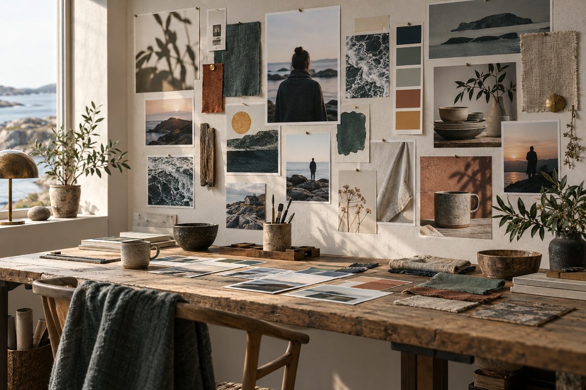 Et veggmontert moodboard samler silhuettportretter, produktfoto og fargeprøver over et bord med stoff og keramikk.