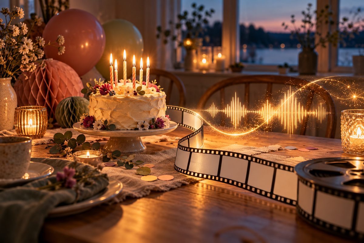 Toppbilde med bursdagskake uten tente lys, fargerike ballonger og innpakket gave på et lyst nordisk trebord.