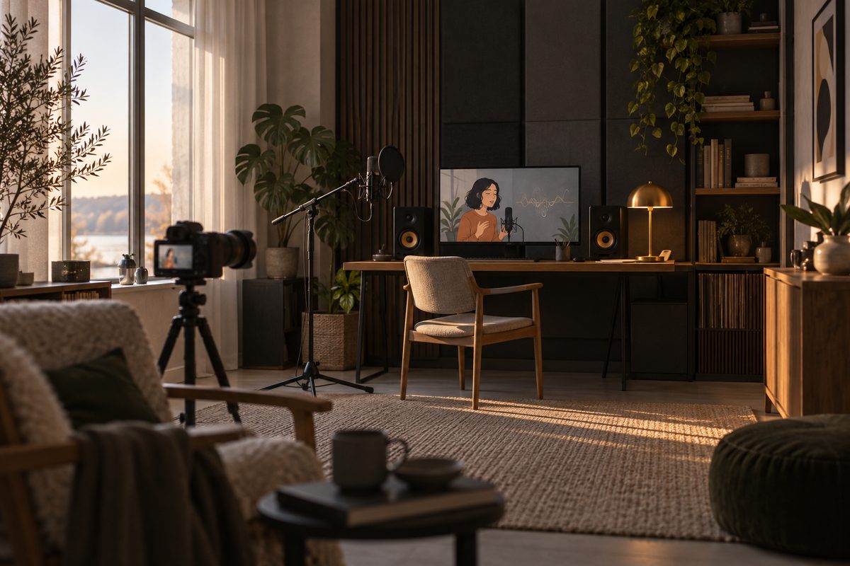 Et lite opptaksstudio har mikrofon og kamera rettet mot en skjerm med en illustrert figur som snakker.