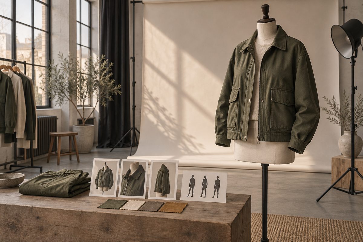 En olivengrønn jakke henger på en prøvedukke i et lyst studio, med lookbookkort og stoffprøver på benken.